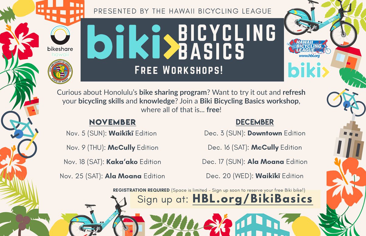 .<a href="/HBLRideAloha/">HI Bicycling League</a> partners with <a href="/GoBikiHI/">Biki Hawaii</a> to host the Bicycling Basics workshop series. Learn more at goo.gl/eCZxXN