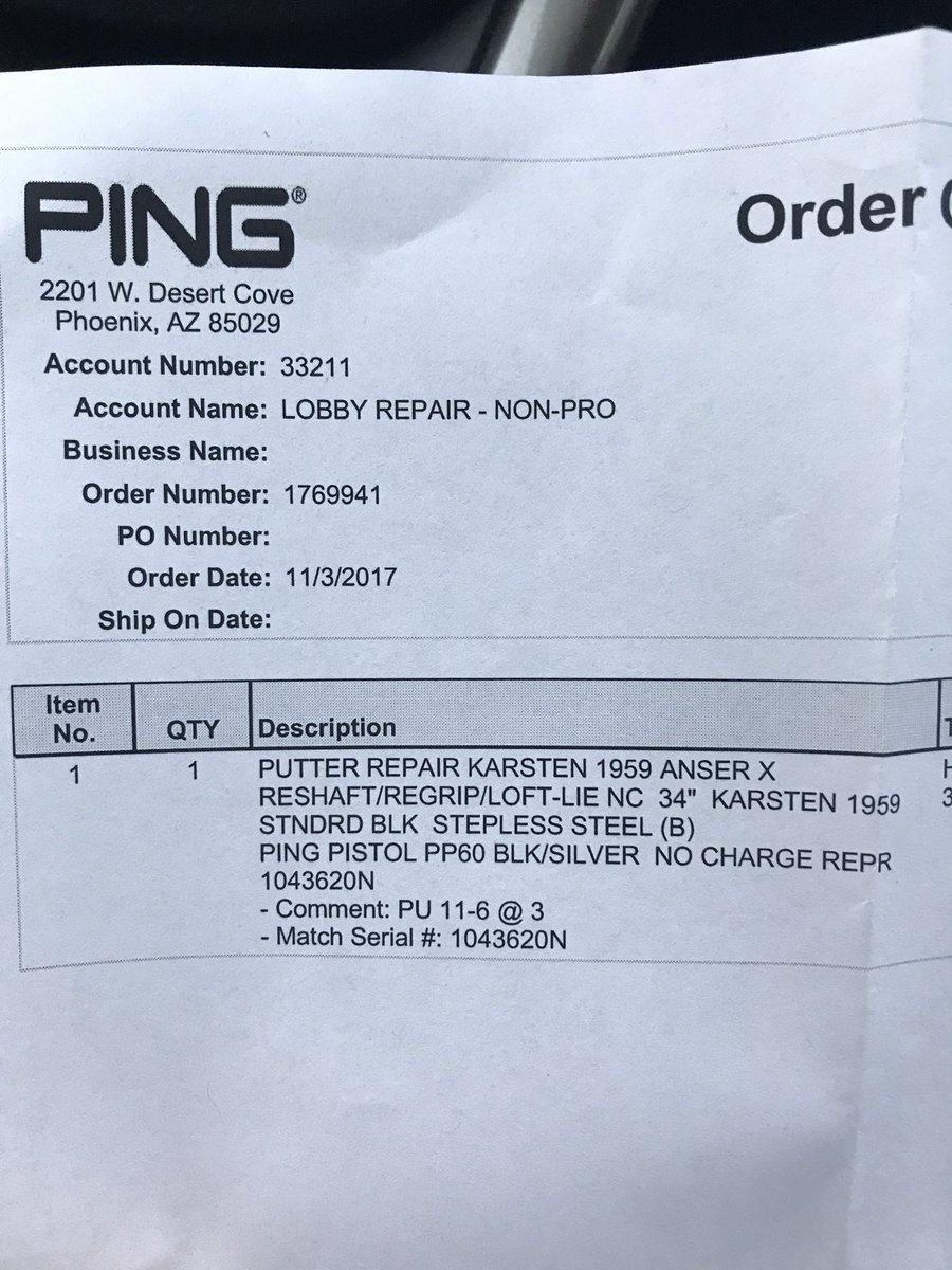 Thanks <a href="/PingTour/">PING GOLF</a> !  Needed new shaft and grip for my 5 y/o AnserX .  Repair shop hooked it up Fo Free! #CustomerService #loyalty #3puttssuck