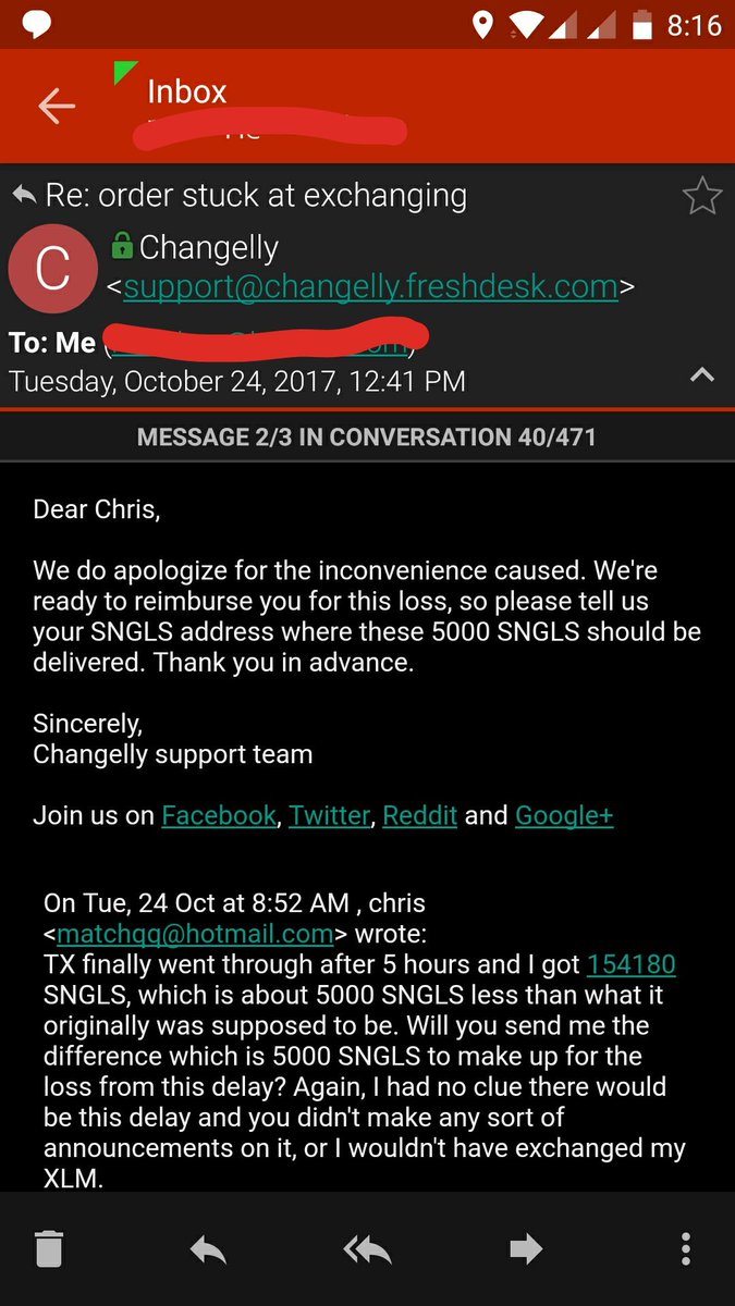 ChoChris's tweet photo. @Changelly_team My TX is 23dd19862cb7. Also see the screenshot below showing that you agreed to reimburse me. https://t.co/aCr1VR9hwl