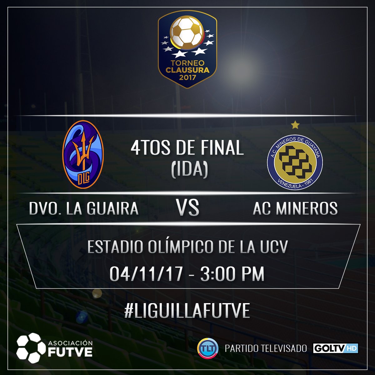 LigaFUTVE's tweet photo. ¡MAÑANA, @DvoLaGuaira recibe a @ACCDMinerosdeG, en el Olímpico de la UCV!👍⚽️🇻🇪 | 🕚 3:00 pm | 📺 @GolTV + @LaTeleTuya | #DLGvsMIN #FutVE https://t.co/15H5yKT1QV