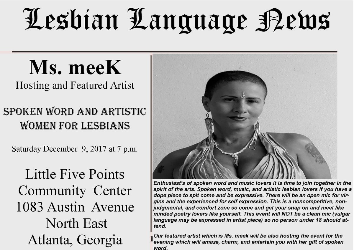 LesbianLanguage's tweet photo. Spoken word lovers in Atl. Ga. it’s that time again to do it up with spoken word. RSVP for our Dec. 9th show https://t.co/gwXgUZVOa0 https://t.co/6tdUFVERvg