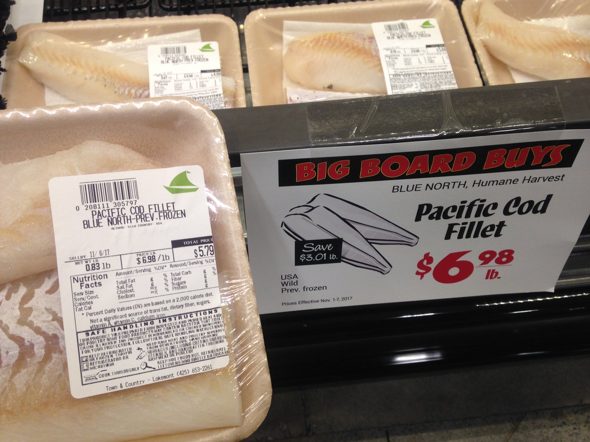 nicoleebaker's tweet photo. I was at the grocery 1 day after the debut of @BlueNorthCod #HumaneHarvest Pacific cod. It will be $9.99/lb, now $6.98. https://t.co/UcmGws6Be1