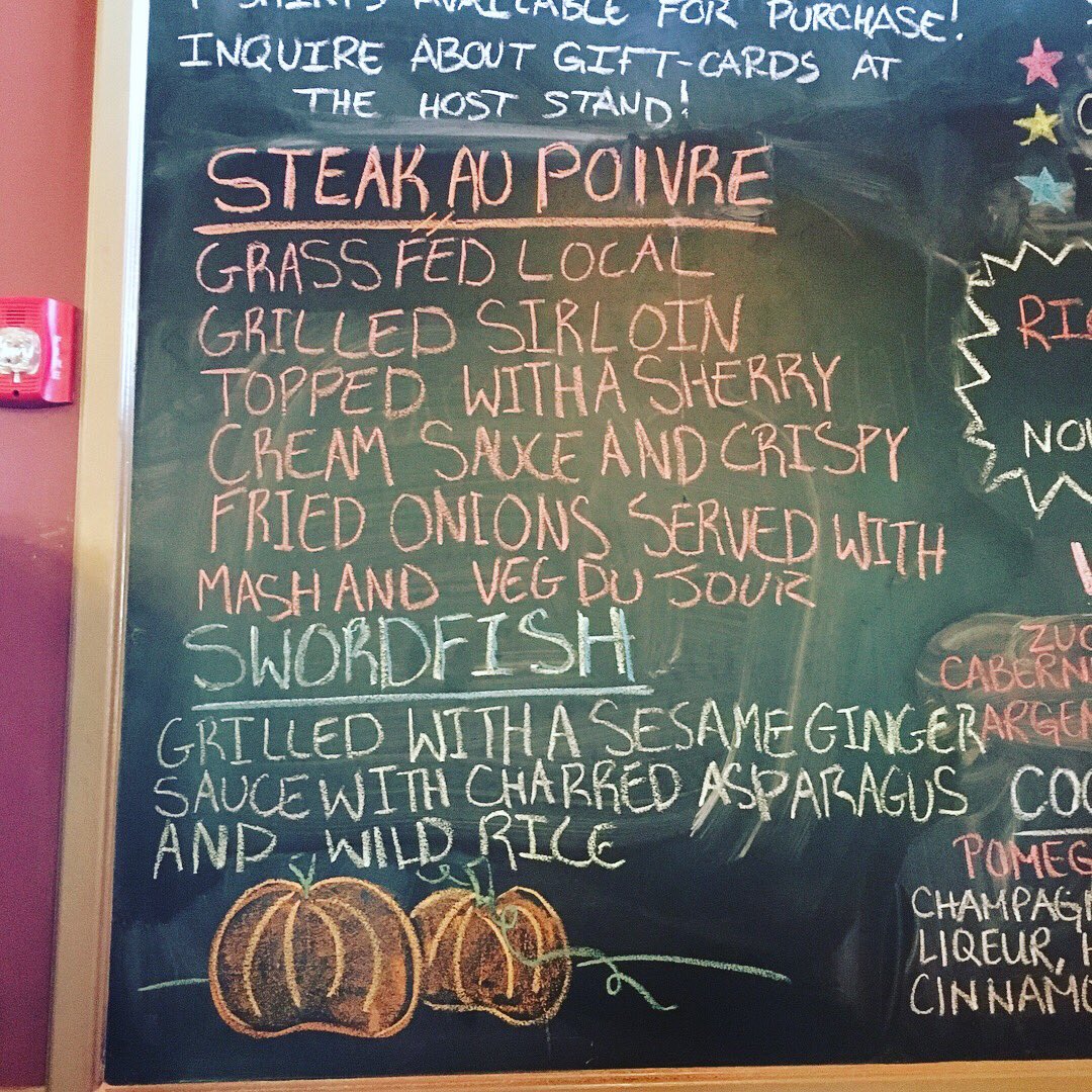 Dinner specials tonight, Steak au Poive, grilled swordfish, and our new chocolate tort dessert! #fresh #local #blacksburg #va #swva