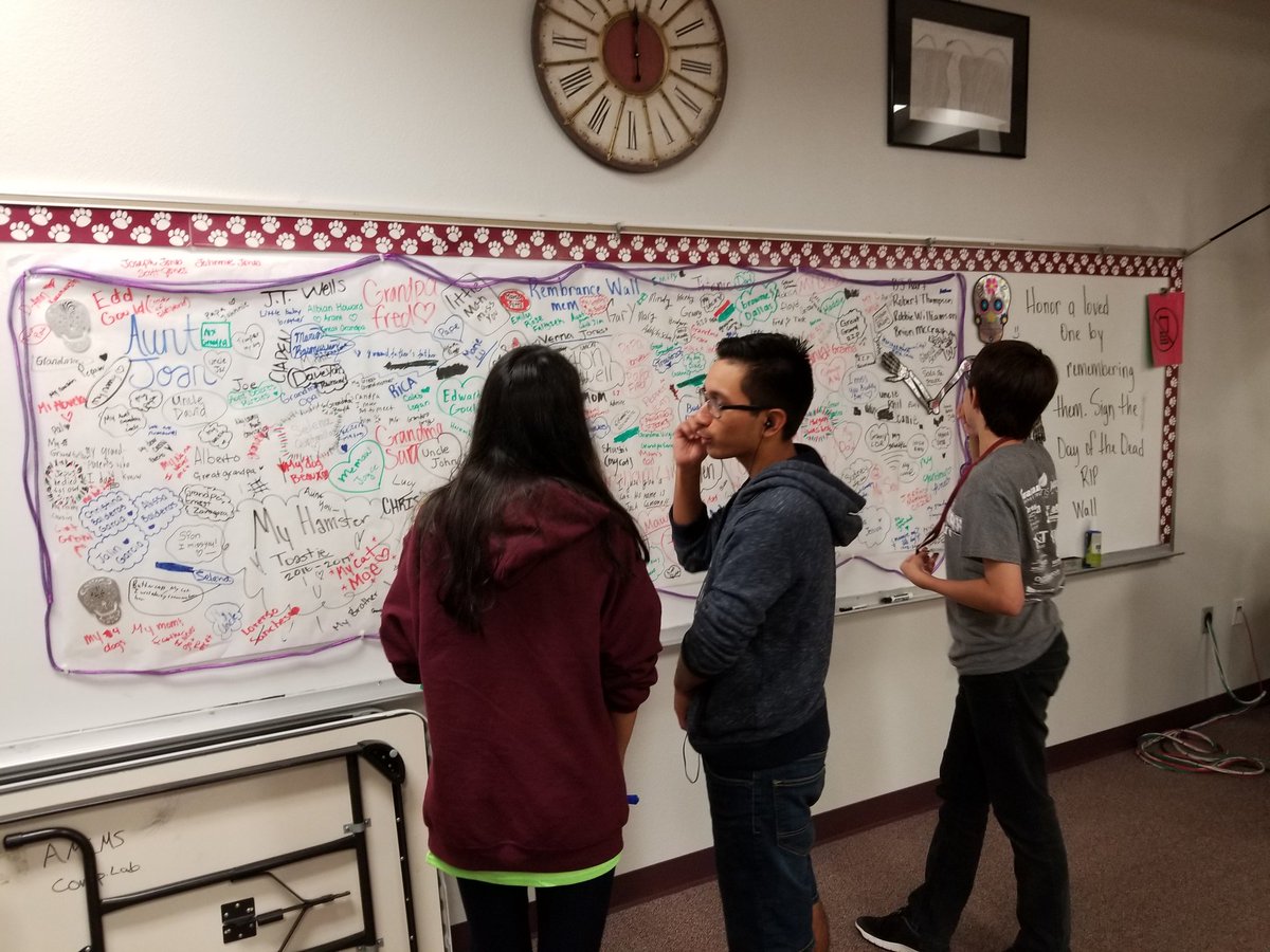 MrsJCashaw's tweet photo. Students enjoyed voting for the Day of the Dead posters, and remembering family members. #AMCMScats Thanks @CatSass62 https://t.co/rkvuv138zg