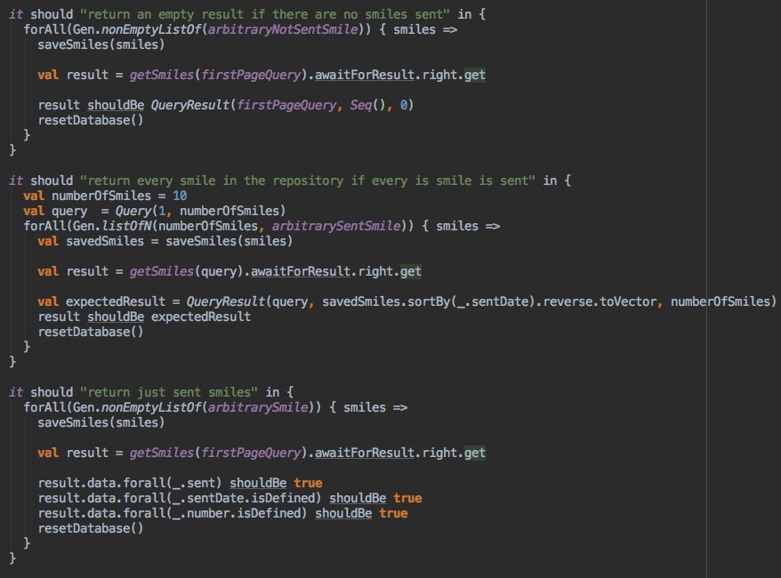 pedro_g_s's tweet photo. Having so much fun generating smiles with @delr3ves https://t.co/VfXkVBcuIe #Scala #Finatra #PropertyBased #Testing ๐๐ https://t.co/rhfqM4bpzW