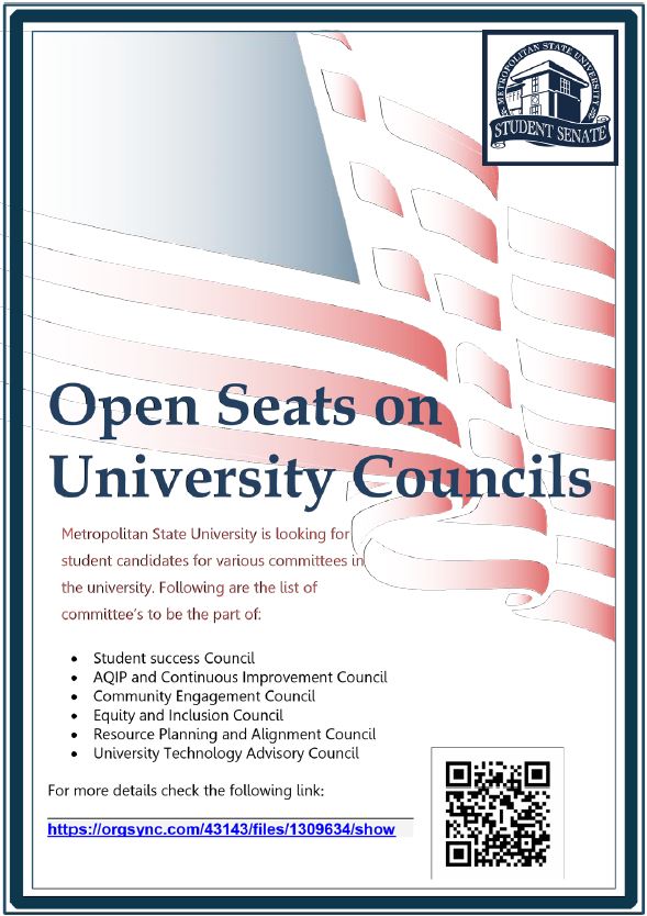 MetroStateSen's tweet image. CHANCE TO GET ON UNIVERSITY COUNCIL!!!
 More details: orgsync.com/43143/files/13…