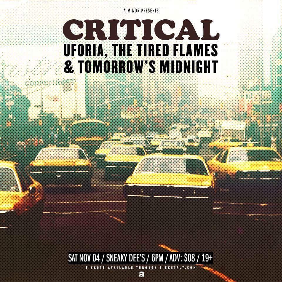 Tomorrow night! <a href="/thecriticalrock/">Critical</a>, <a href="/UforiaBand/">Uforia</a>, and <a href="/TheTiredFlames/">TheTiredFlames</a> presented by <a href="/AMinor_Presents/">A-Minor</a>! Come on out! #saturdaynight #party #rock