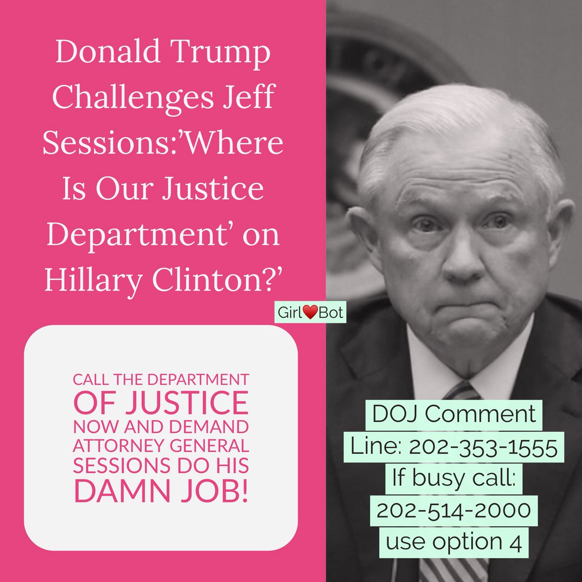 AMErikaNGIRLLL's tweet photo. Donald Trump Challenges Sessions: ‘Where Is Our Justice Department’ on Hillary Clinton? 

Demand he Appoints a SPECIAL COUNSEL to investigate CLINTON!

DOJ:202-353-1555 If busy call: 202-514-2000 option 4http://bit.ly/2iW7s2n via @BreitbartNews

#FridayFeeling #SaturdayMorning https://t.co/qTr02WwRhD