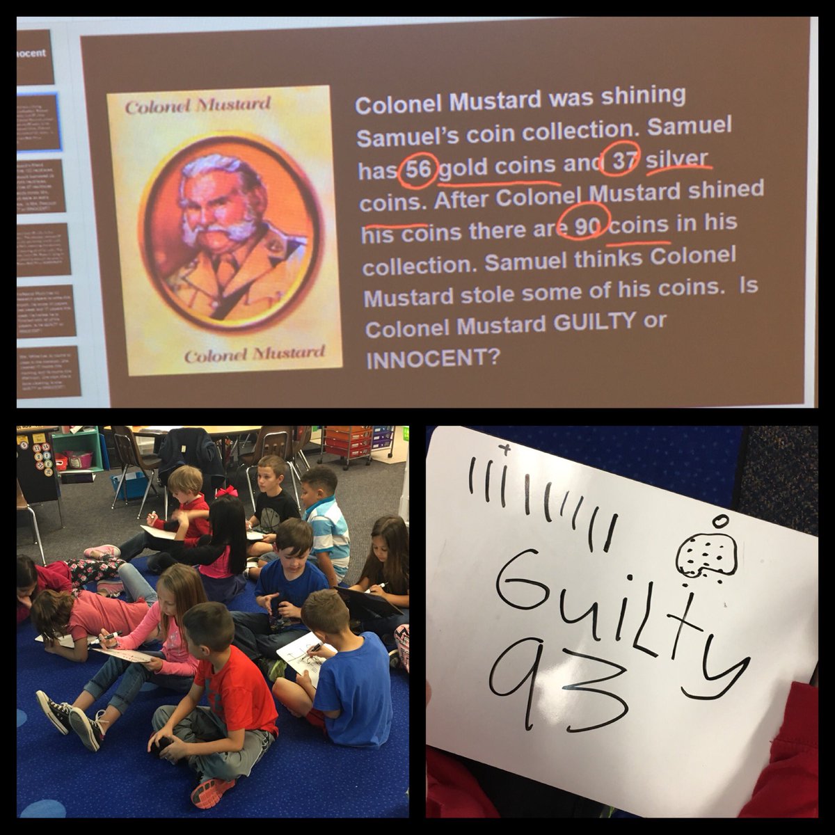 KristinBraddock's tweet photo. Ss use teamwork to determine if the character is guilty or innocent! #wordproblems #proveit #CISDCompetitiveEdge https://t.co/TVNC7zM164