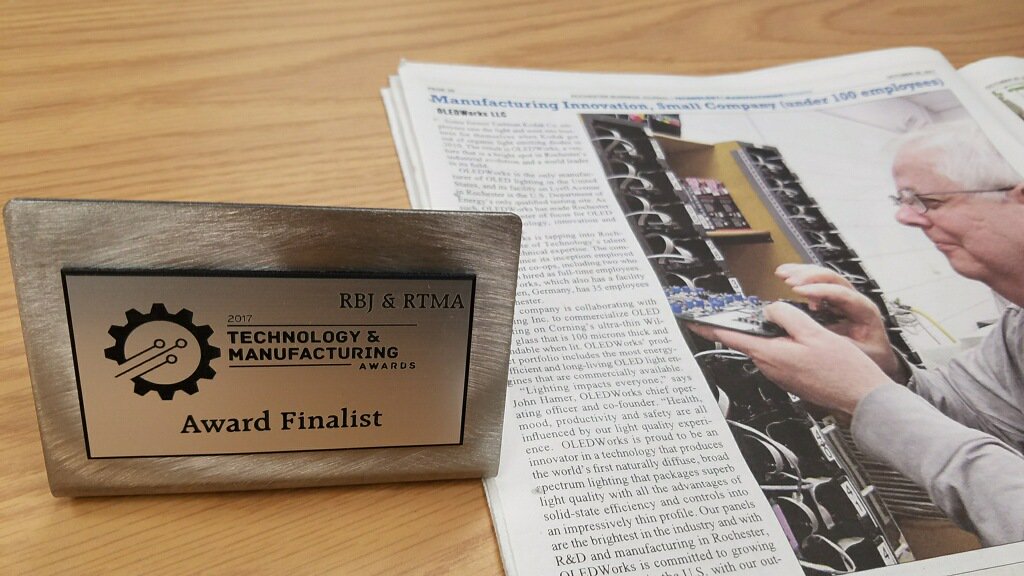 OLEDWorks's tweet image. Honored to be a finalist at the RBJ Technology and Manufacturing Awards! #ROC #technology #OLEDtech