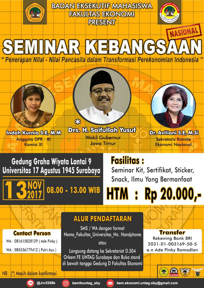 INFO TERUPDATE!!
SEMINAR KEBANGSAAN, sekarang buka stand pendaftaran lo di bawah tangga gedung D fakultas ekonomi dan just 20k . Kuy 😊