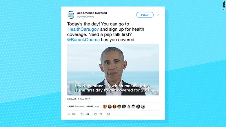 CNN's tweet image. Former President Obama wants you to know Obamacare open enrollment has begun cnn.it/2iYVIMu