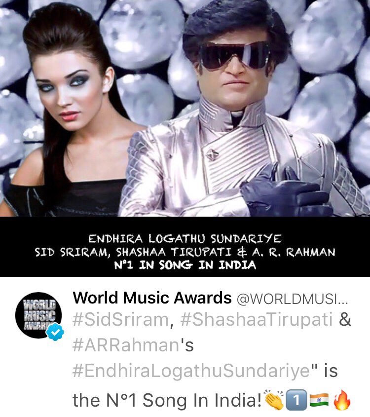 World music awards announces #EndhiraLogathuSundari as #1 song in #India #TamilCinema #Superstar #Rajinikanth  #ARR #DirShankar #Madankarky