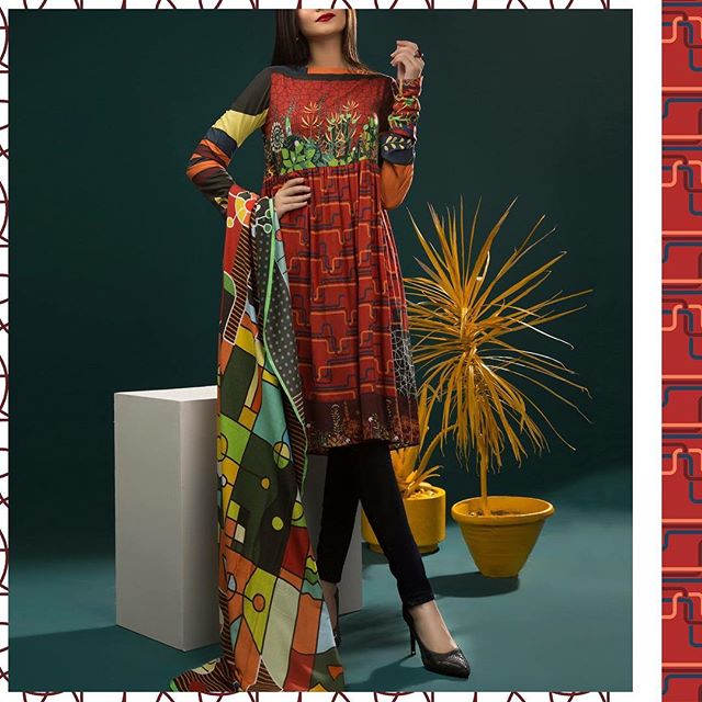 Zellbury's tweet photo. Red Kameez with a geometric base print and color blocked panels interlaced with a radiant floral design at the hem. https://t.co/BxGuMmz04X