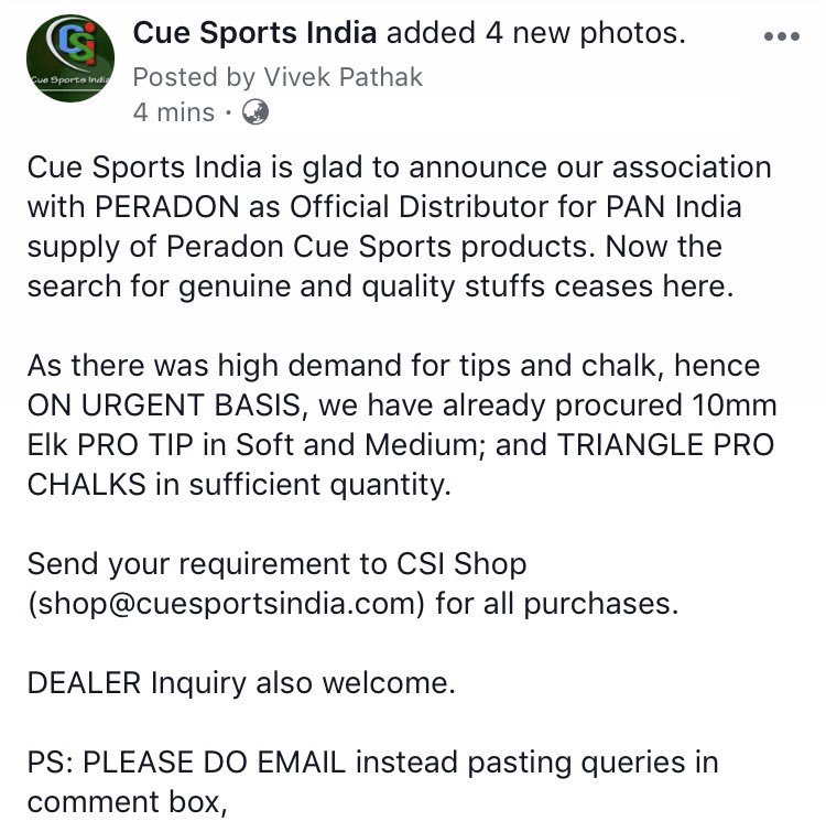 csishopindia's tweet photo. Cue Sports India is glad to announce our association with PERADON as Official Distributor for PAN India supply of Peradon CueSports products https://t.co/T436095ng9