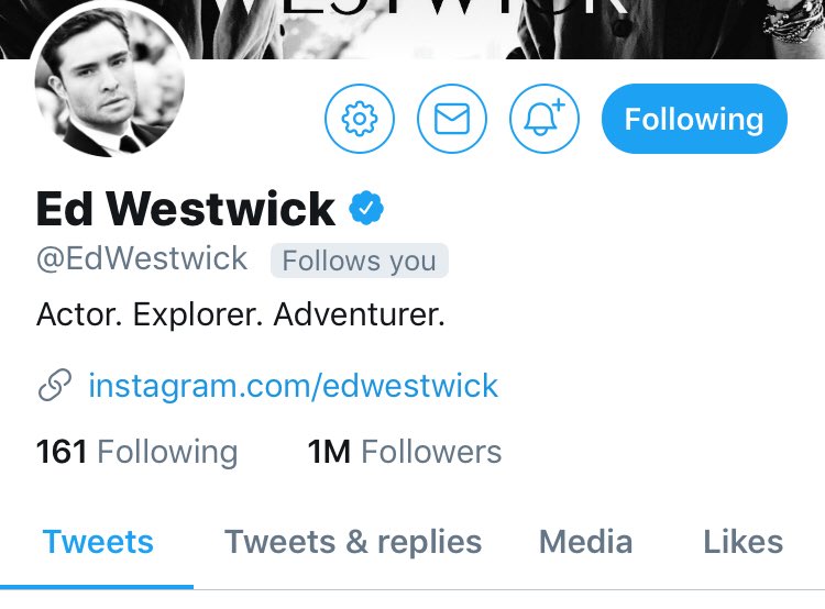 Congrats on  1 Million Twitter followers <a href="/EdWestwick/">Ed Westwick</a>!! 🎉🎉🎉