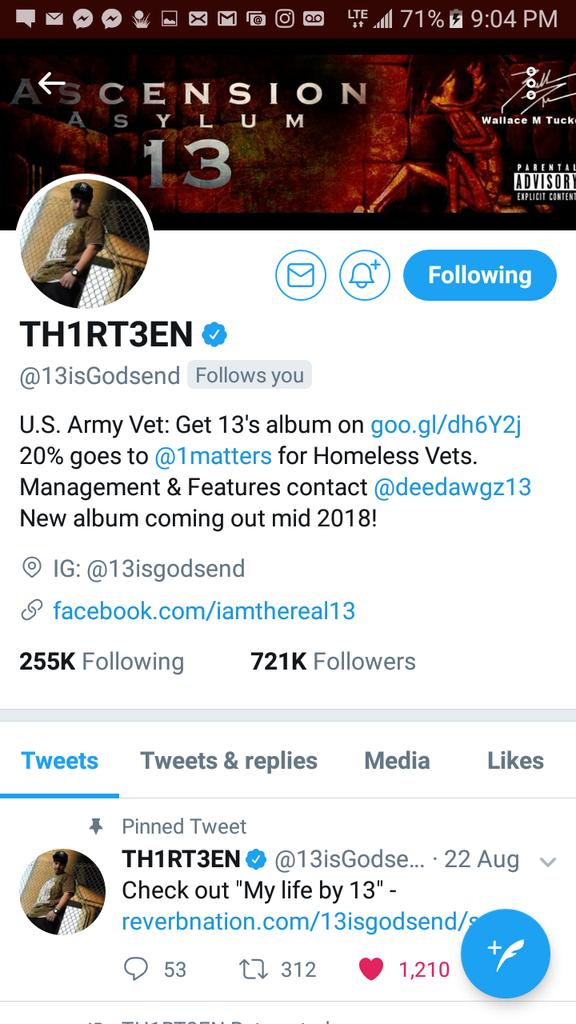 ThingAshley's tweet photo. Shout out to @13isGodsend thank you so much for the follow! Don't forget to download his album in 2018 iTunes is best❣ https://t.co/LAG528mgmY