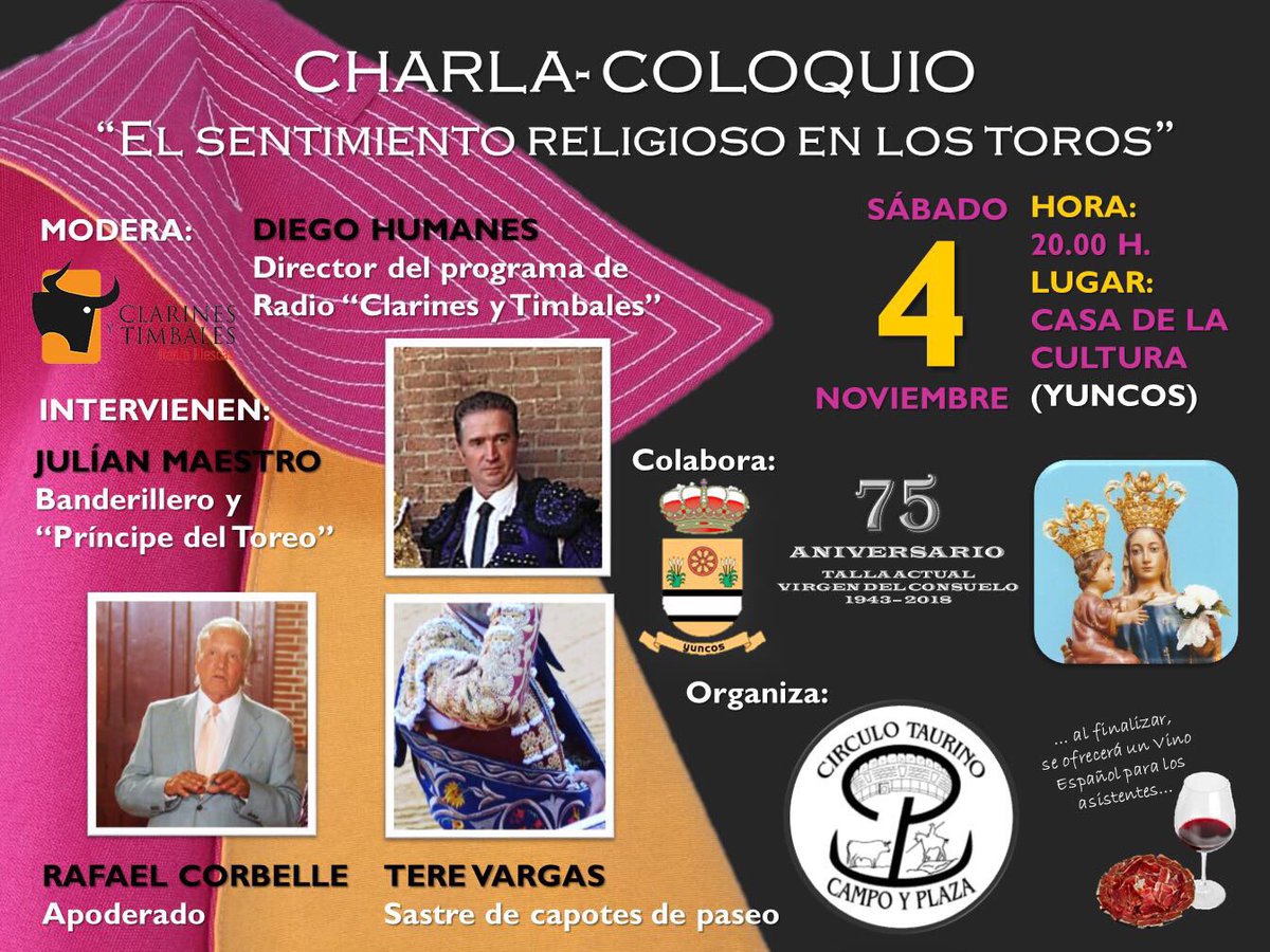 hvconsueloyunco's tweet photo. HOY A LAS 20H en la CASA DE LA CULTURA DE YUNCOS. Charla-Coloquio “EL SENTIMIENTO RELIGIOSO EN LOS TOROS”.
#Corbelle #Maestro #TereVargas https://t.co/VlunOIoFL7