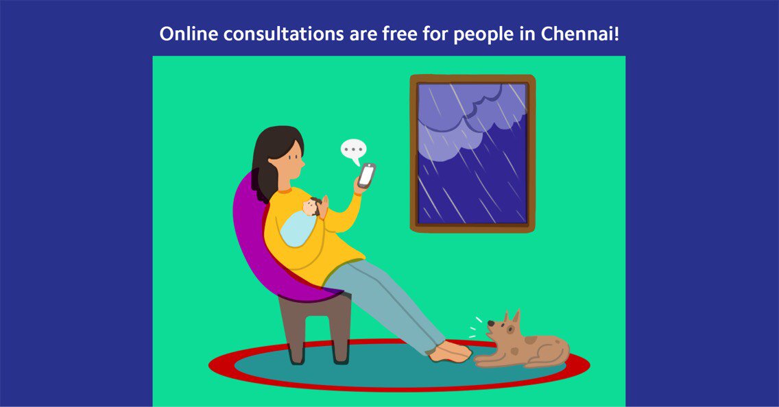 Practo's tweet image. #ChennaiRains: Help is just a chat away. Now all online consultations on Practo are free for people in Chennai: bit.ly/2Ai3eq7