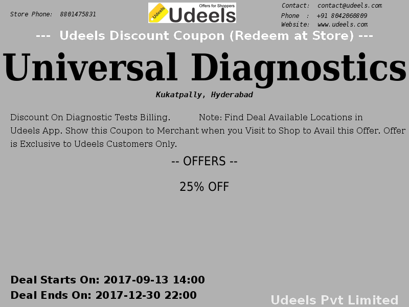 UdeelsHyderabad's tweet photo. 25% OFF | Discount on diagnostic tests billing | #UniversalDiagnostics | #Health | #Kukatpally | #Hyderabad
https://t.co/dvENkM2YG6 https://t.co/FtGUxnay0W