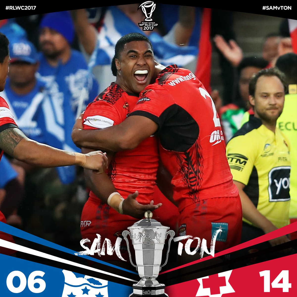 rugbyleaguewcup's tweet photo. Mate Ma'a Tonga lead Samoa 14-6 at halftime at Waikato Stadium.

#SAMvTON

#RLWC2017 https://t.co/Kq9fal9amQ
