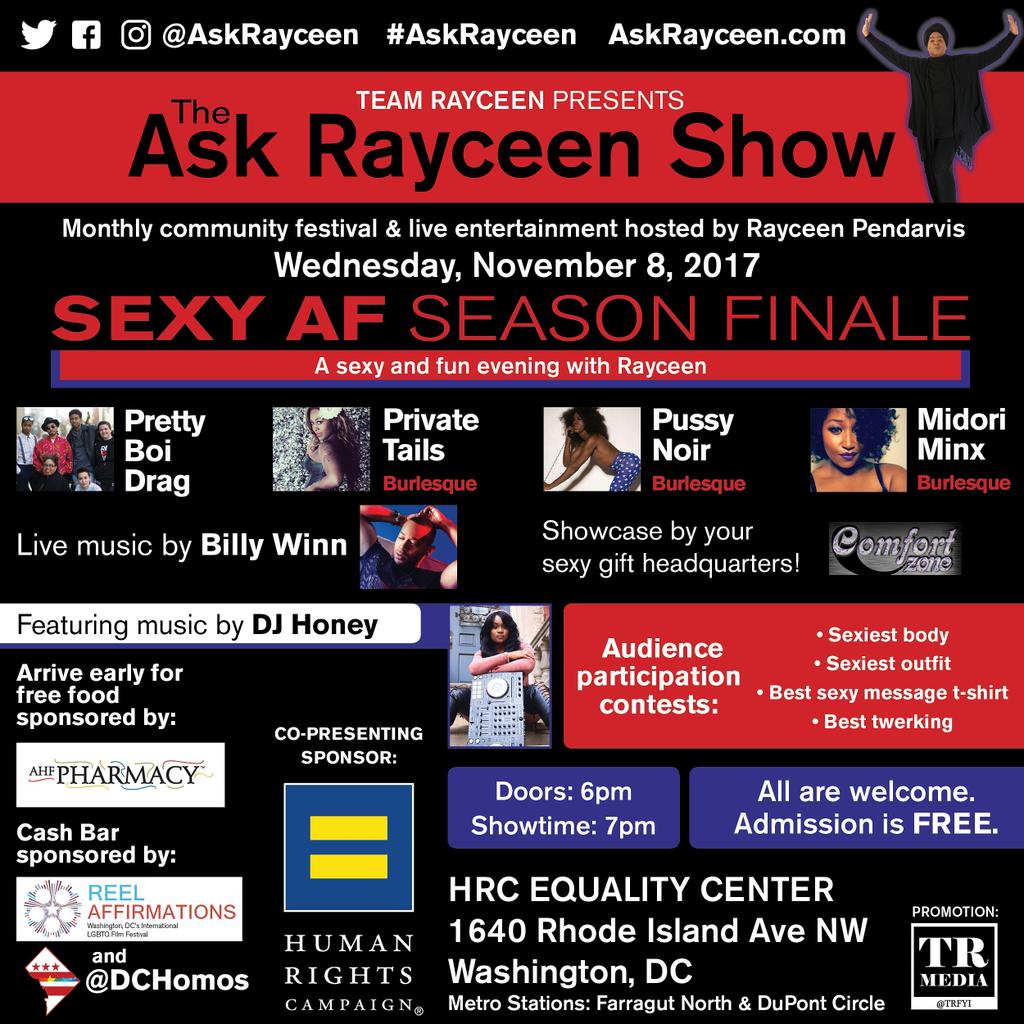ComfortZoneMD's tweet photo. T-shirts & twerking at The @AskRayceen Show Season Finale (Nov 8 @ 6 pm)! @RayceenHRH @TeamRayceen #HRCequalityCenter #DCevent #ZONEMD https://t.co/3I7ec0rGeE