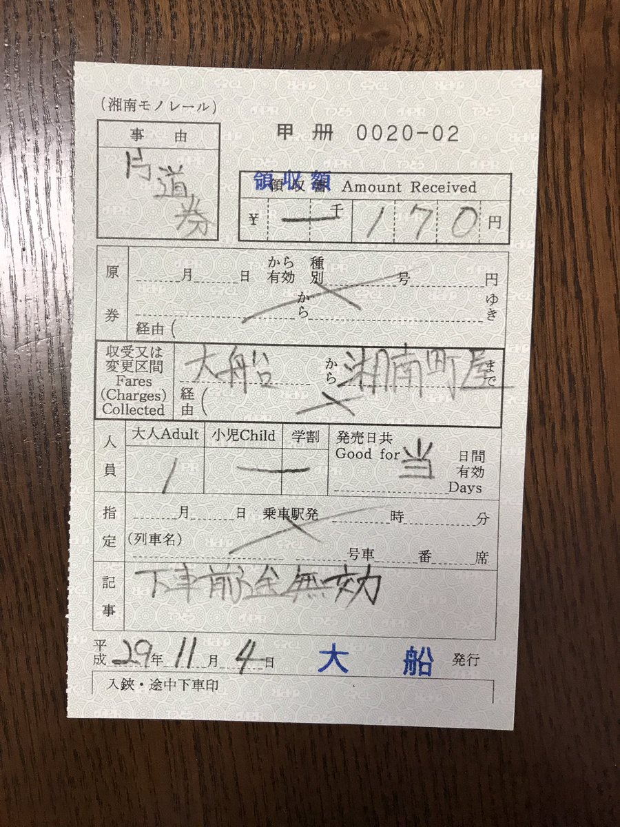 湘南モノレール 補充券 & 手回り品切符 (2017年11/3 大船駅