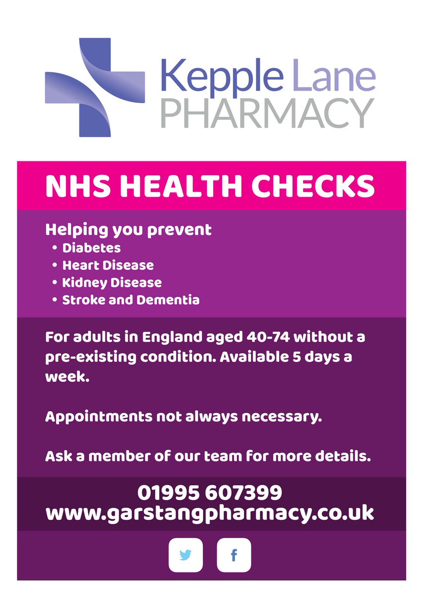 KLPharmacy's tweet photo. The NHS Health Check is a free check-up of your overall health. 
#NHShealthchecks 
#pharmacyhour 
#garstanghour https://t.co/wCX2ZB8sIG