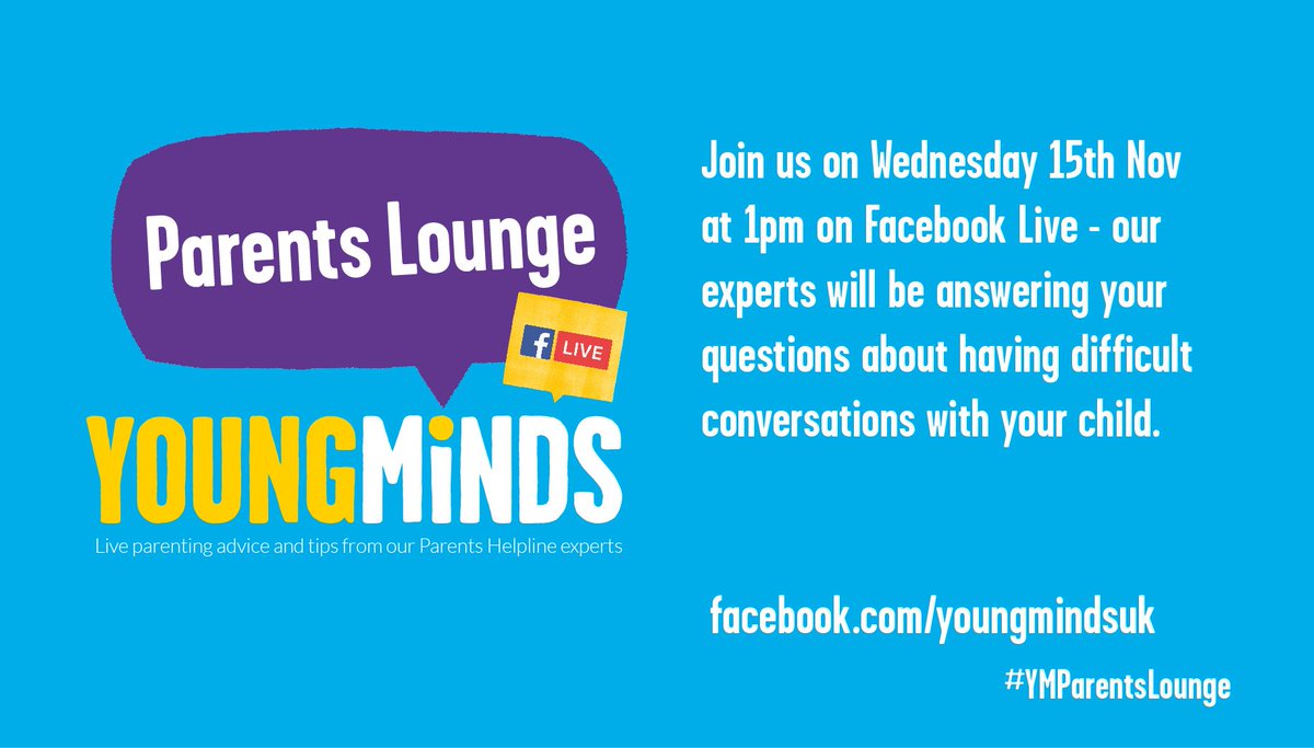 YoungMindsUK's tweet photo. On 15 Nov @ 1pm-our experts are discussing how to have difficult conversations with your child https://t.co/fy407GU4eb #YMParentsLounge https://t.co/JDnh4akOgX
