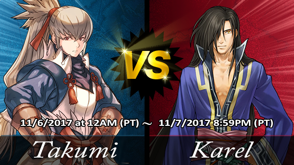 FEHeroes_News's tweet photo. 【Voting Gauntlet 11/6】
3rd set of Heroes! Who will win? Use hashtags #TeamTakumi & #TeamKarel to show your support ♪ #VoteWars #FEHeroes https://t.co/2IHGBaDE4A