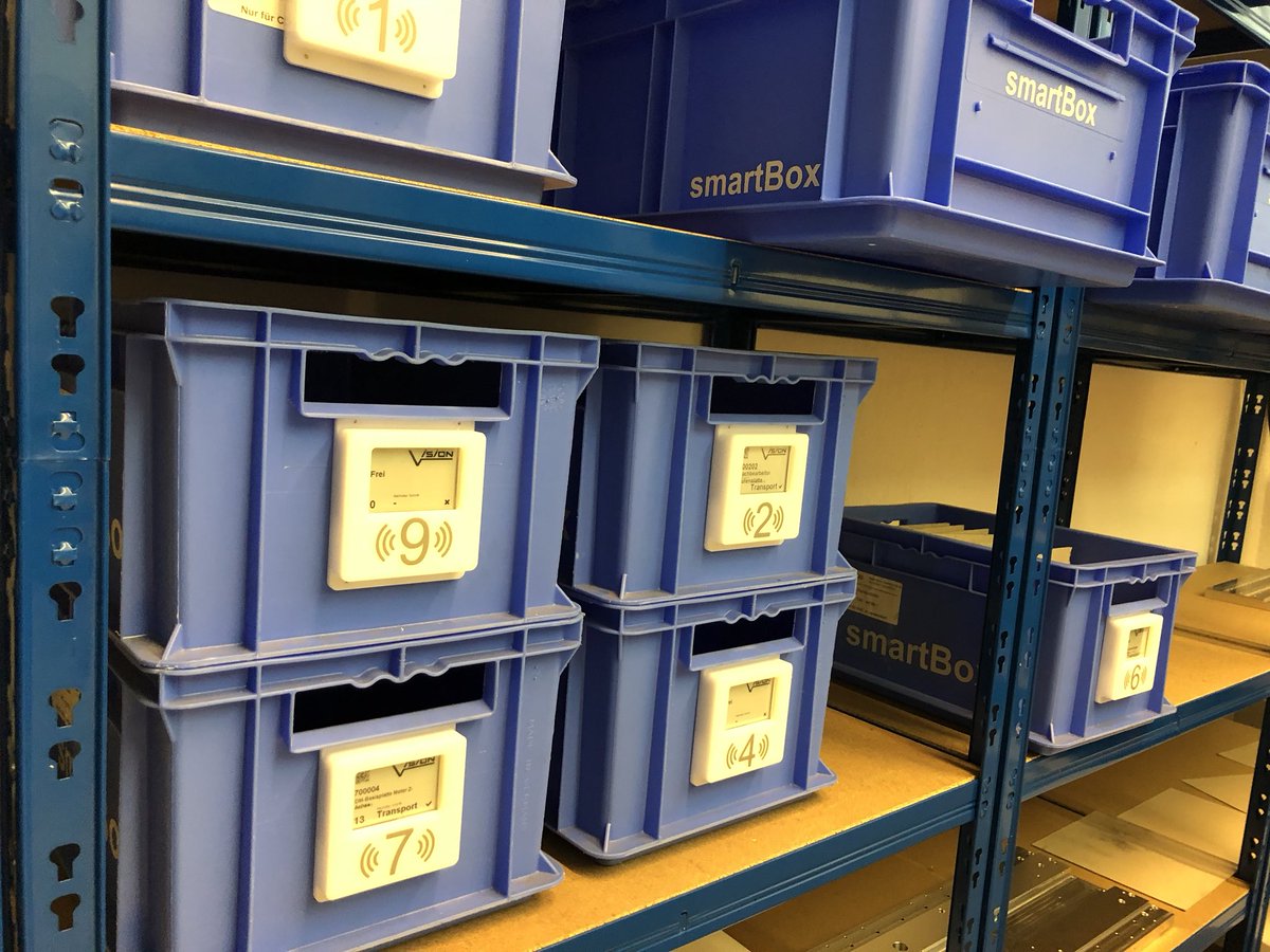 Some of our smart boxes: locatable with writeable eLabels 📦 😀 #industrie40 #iiot #iot #digitalisierung #bluebiz #digitization #smartfactory