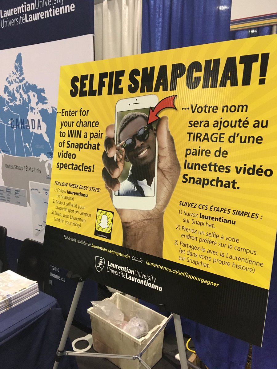 LiaisonLUL's tweet photo. Want to win a pair of @Snapchat #Specticles? Send your best selfie to @LaurentianU on Snapchat to be entered! #OpenHouse https://t.co/XA9ESZt7Gc
