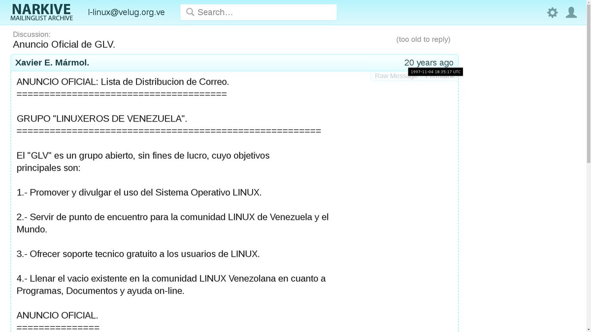 linux_ve's tweet image. 04/Nov/1997 se crea la lista de correo-e del Grupo de Usuarios Linux de Venezuela (VELUG) 🐧🇻🇪 bit.ly/2zcBgOR