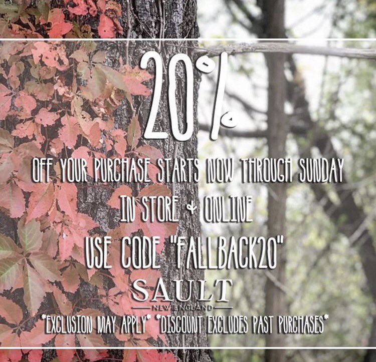 This weekend take 20% off entire purchase at our #Boston &amp; #PortsmouthNH shops and online @ saultne.com w/ code: "FALLBACK20"