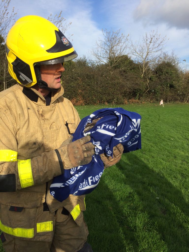 DubFireBrigade's tweet photo. B Watch, requested by a vet, helped release a Hawk that became entangled in the netting of @WColmcille GAA club netting. Hawk with the vet. https://t.co/ZdjcFCtgD8