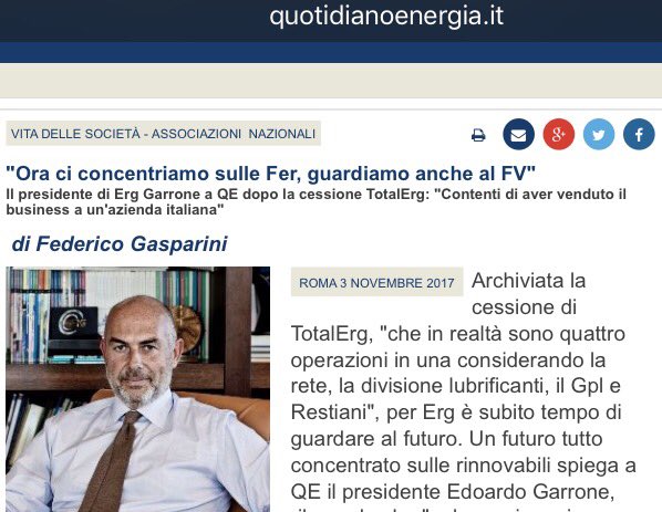 QuotidianoEnerg's tweet photo. "Ora ci concentriamo su #fer, guardiamo anche a #FV", intervista a @EdoardoGarrone presidente @ERGnow dopo cessione #totalerg a @Gruppoapi https://t.co/Qjk6bNaKFF