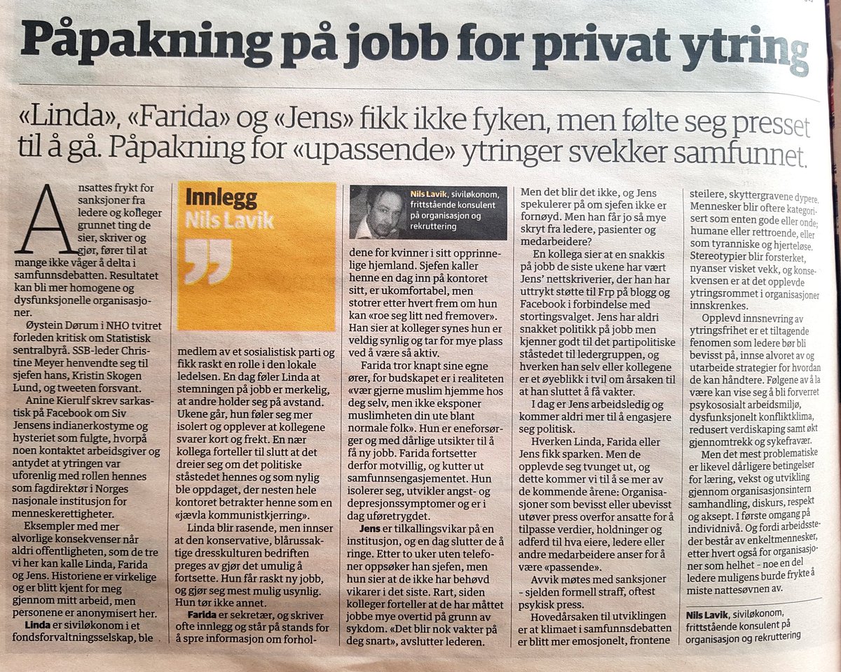 SteinarBL's tweet photo. Om "chilling" og press på arbeidsplassen pga samfunnsengasjement og politisk ståsted. Knallbra av Nils Lavik. https://t.co/joIC3TEcli