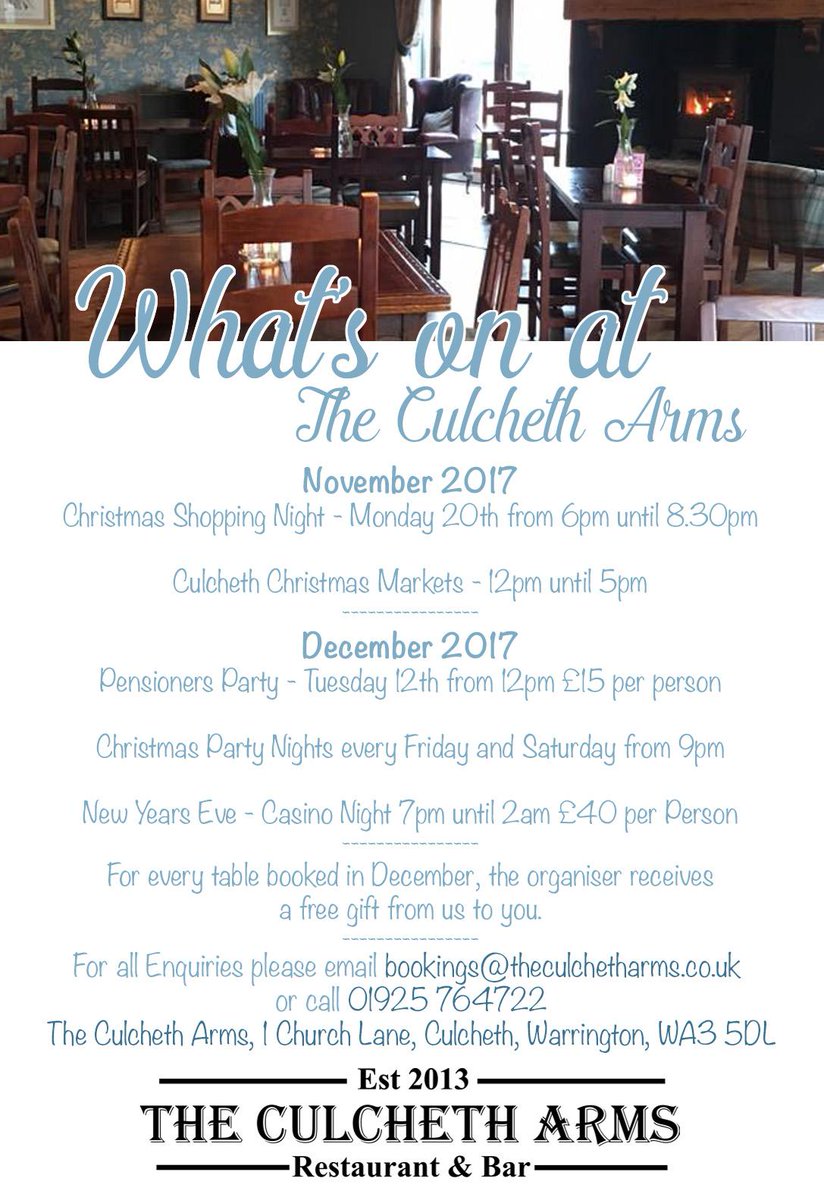 CulchethArms's tweet image. Have you seen what we have going on this November and December, Please feel free to share around with your friends.