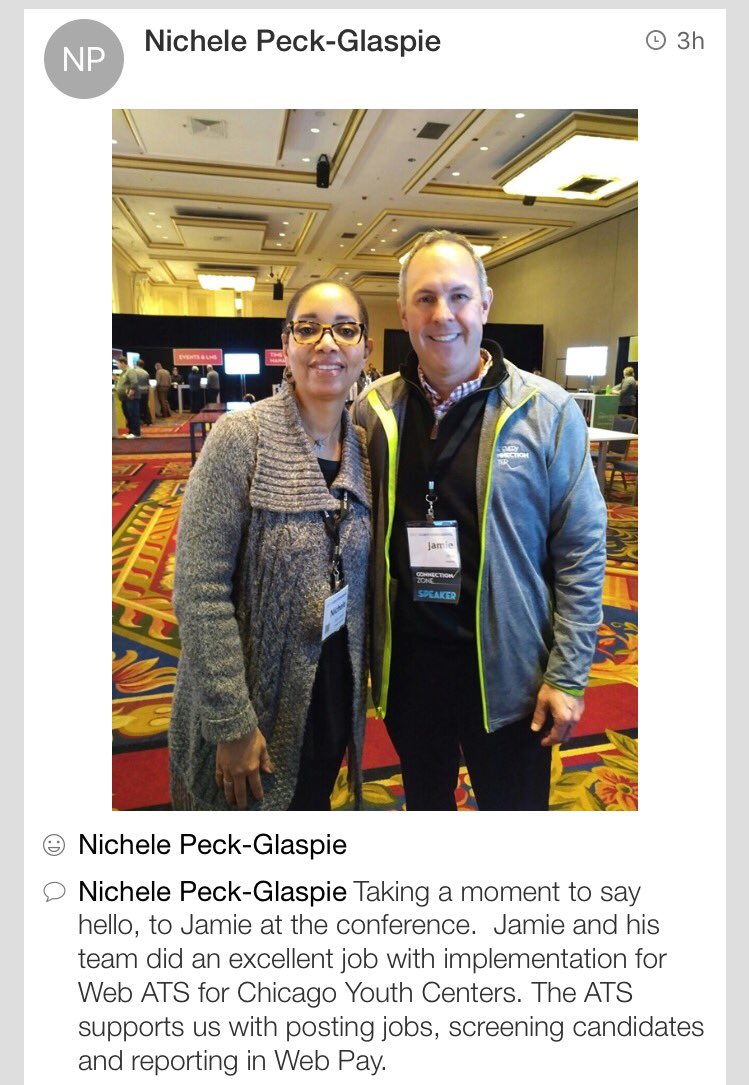 Paylocity's tweet photo. Shout out to our awesome product owner, Jamie Silva. Loving this client appreciation for Web ATS. #PCTYClientCon https://t.co/UPYmKsp8qd