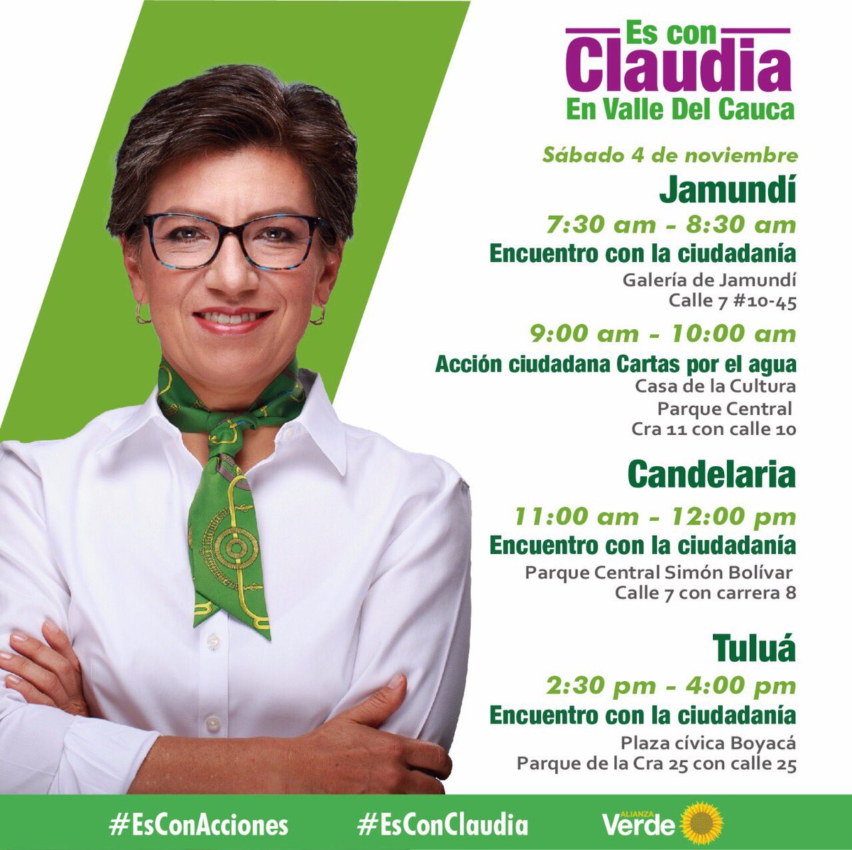 ClaudiaLopez's tweet photo. #FelizSabado trabajando en el Valle del Cauca: empezamos en Jamundí, luego Candelaria y terminaremos en Tulua #EsConClaudia #EsConAcciones https://t.co/bTaACHERGc
