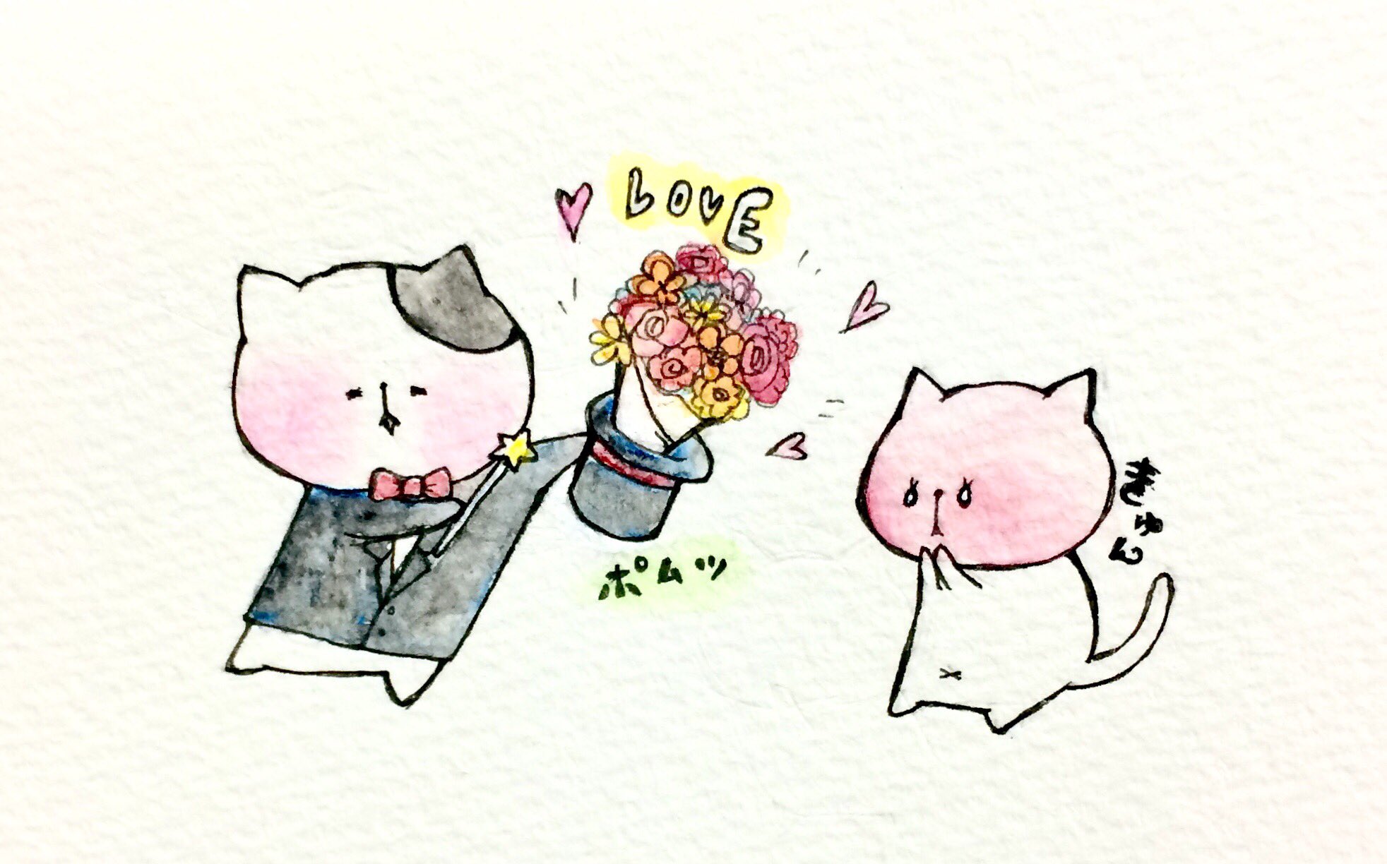おこにゃん サプライズに胸キュン サプライズ 手品 胸キュン 花束 猫 ネコ ねこ イラスト 可愛い 1日1絵 手描き 癒し 絵描きさんと繋がりたい イラスト好きな人と繋がりたい お絵かき部 Cats T Co M4cv5uxs1u Twitter
