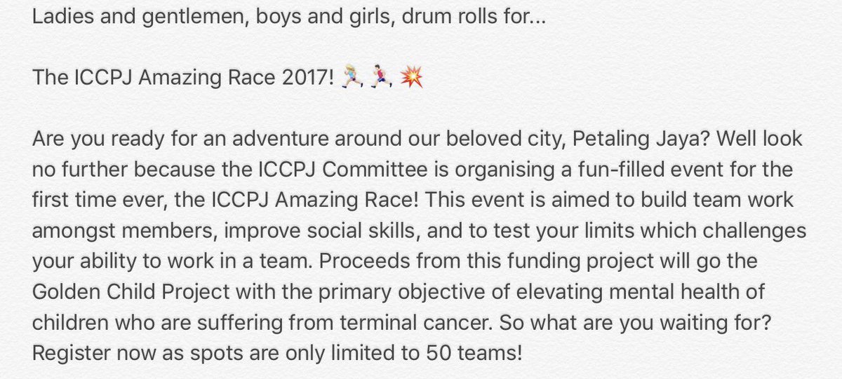 iccpj1718's tweet image. Ladies and gentlemen, boys and girls, drum rolls for...

The ICCPJ Amazing Race 2017! 🏃🏻🏃🏼‍♀️💥