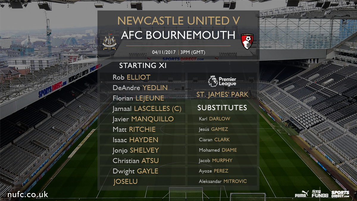 NUFC's tweet photo. TEAM NEWS: Here's how Newcastle United will line up against @afcbournemouth in the @premierleague this afternoon (kick-off 3pm GMT). #NUFC https://t.co/dsnwp8hJg7