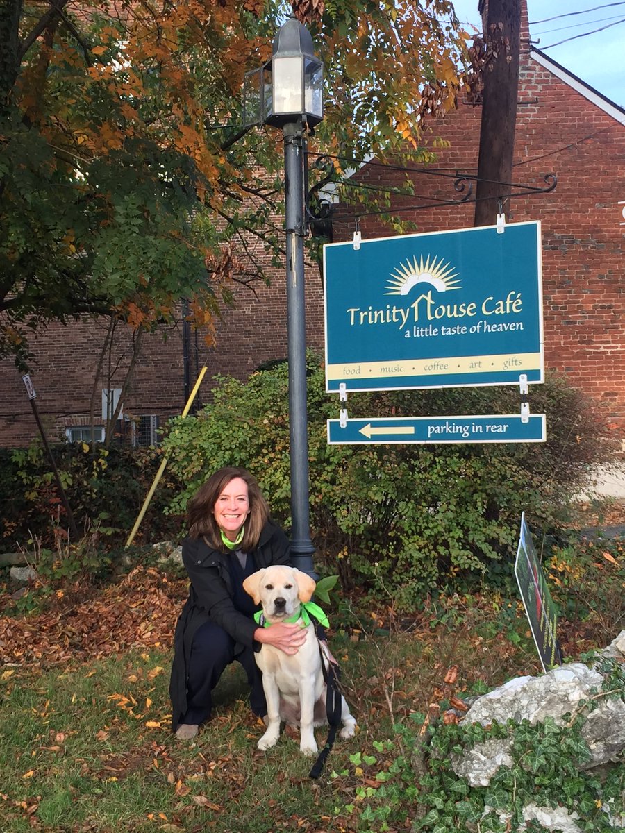 DSMcAuliffe's tweet photo. Great first stop of the day at a small business in @TownofLeesburg at #Trinityhousecafe with Trooper! Ready to canvass with @MarkHerringVA https://t.co/H9ZzjzJ7ku