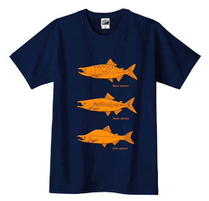 日本の河川に溯上する代表的なサケ科魚類Tシャツを作りました。上から(個人的に美味しい順に)サクラマス、サケ(シロザケ)、カラフトマスです。#いきもにあ 