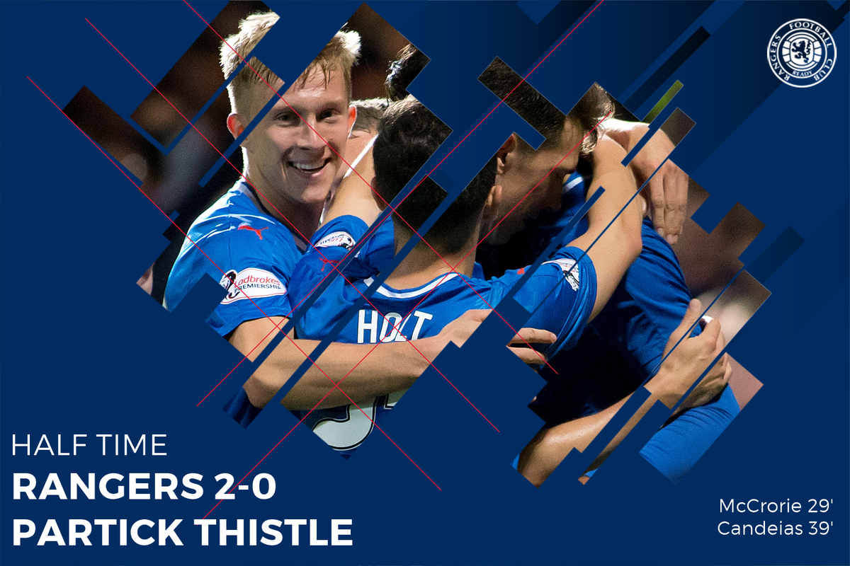 RangersFC's tweet photo. HT: @RangersFC 2:0 @ThistleTweet (McCrorie, Candeias) The Gers in front and in control at Ibrox after forty five minutes. https://t.co/faUtUSaKdm