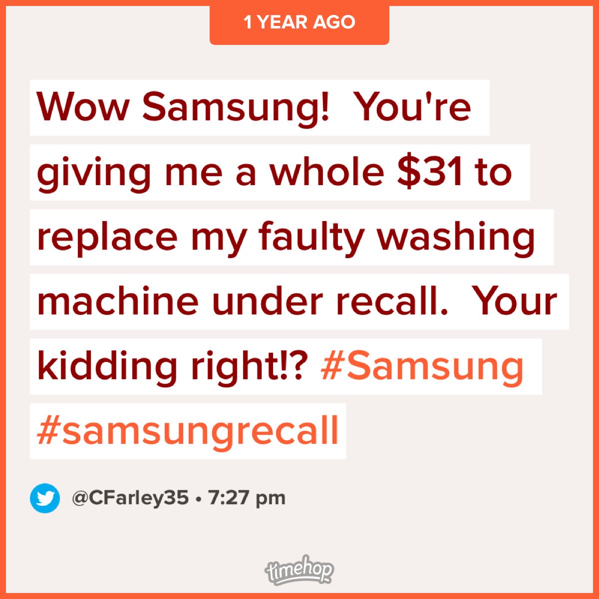CFarley35's tweet photo. So this was a year ago....never got my $31 in the mail as promised.  Just sayin’ 👍🏼👍🏼🤦🏻‍♀️🤦🏻‍♀️ #samsungrecall https://t.co/rxKAlbzOk9