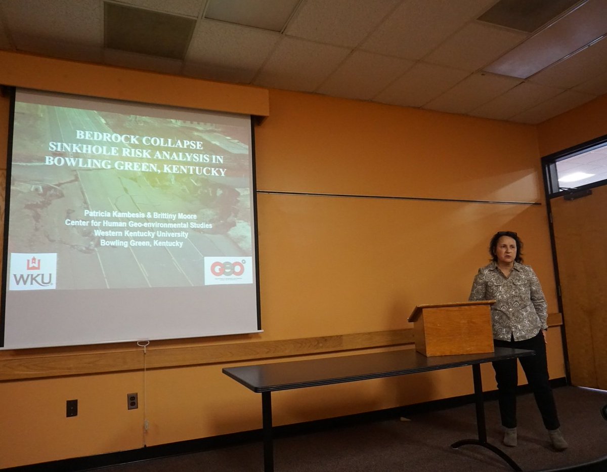 wkuchnges's tweet photo. Dr. Kambesis speaking on bedrock collapse sinkhole risk analysis in BG, KY at KAS #TheSpiritOfKAS https://t.co/erEJMZVTlz