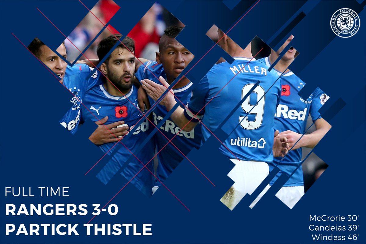 RangersFC's tweet photo. FT: @RangersFC 3-0 @ThistleTweet (McCrorie 30' Candeias 38' Windass 46) A first senior goal for McCrorie &amp; strikes from Candeias &amp; Windass! https://t.co/bMF9ro3m1t