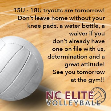 NCEliteVB's tweet photo. #tryouts2017 #reminders #seeyoutomorrow https://t.co/6mYA17zfgF